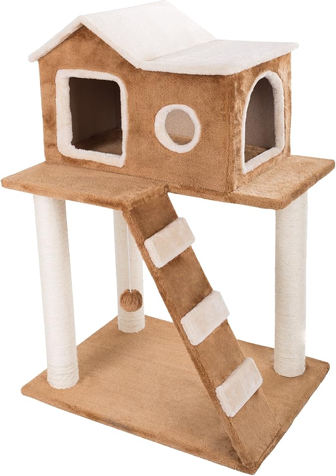 35in Cat Tree with Climb-Up Ladder, Cat Condo, 3 Sisal Rope Cat Scratching Posts, and Hanging Toy - Cat Tower for Indoor Cats by PETMAKER (Brown)