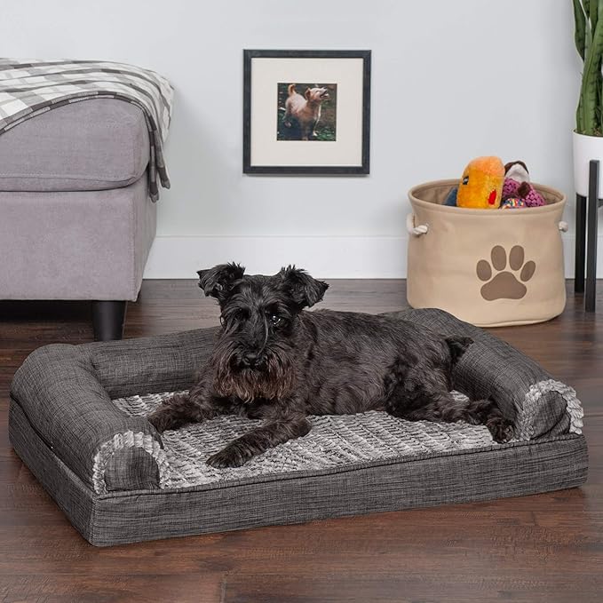 Furhaven Cooling Gel Dog Bed for Medium/Small Dogs w/ Removable Bolsters & Washable Cover, For Dogs Up to 35 lbs - Luxe Faux Fur & Performance Linen Sofa - Charcoal, Medium