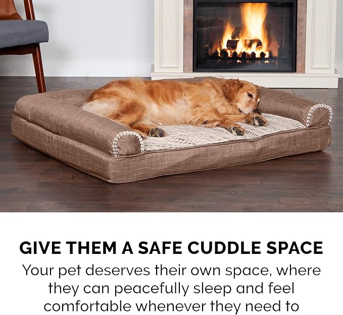 Furhaven Orthopedic Dog Bed for Large Dogs w/ Removable Bolsters & Washable Cover, For Dogs Up to 125 lbs - Luxe Faux Fur & Performance Linen Sofa - Woodsmoke, Jumbo Plus/XXL