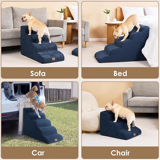 EHEYCIGA Curved Dog Stairs for High Beds 22.6" H, 5-Step Dog Steps for Small Dogs and Cats, Pet Stairs for High Bed Climbing, Non-Slip Balanced Pet Step Indoor, Navy