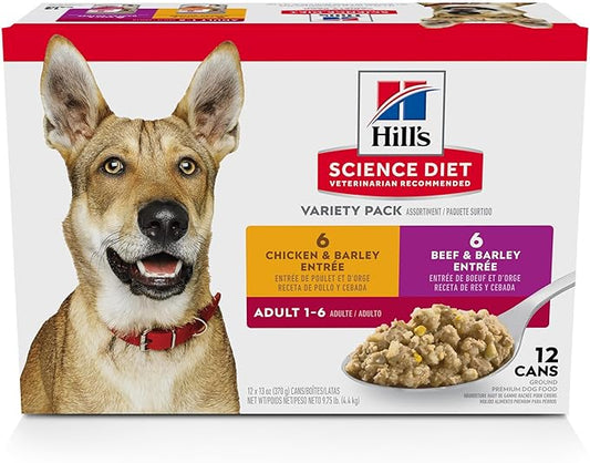 Hill's Science Diet Adult 1-6, Adult 1-6 Premium Nutrition, Wet Dog Food, Variety Case: Chicken & Barley; Beef & Barley Loaf, 13 oz Can Variety Case, Case of 12