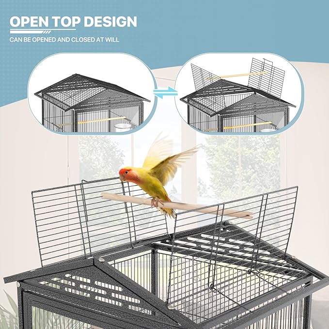 MoNiBloom 54 Inch Bird Cage w/Acrylic Door, Open Top Roof Birdcage for Finches Canaries Lovebirds Medium Small Parrots, Flight Birdcage w/Rolling Stand, Black