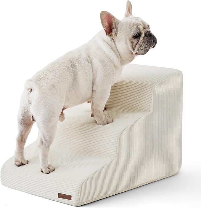 Lesure Dog Stairs for Small Dogs - Dog Ramp for Bed and Couch with CertiPUR-US Certified Foam, Pet Steps with Non-Slip Bottom for Old Cats, Injured Doggies and Puppies, Beige, 3 Steps