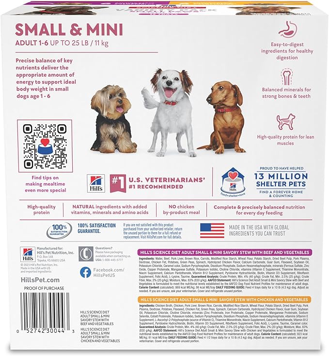 Hill's Science Diet Small & Mini, Adult 1-6, Small & Mini Breeds Premium Nutrition, Wet Dog Food, Variety Case: Chicken & Vegetables; Salmon & Vegetables Stew, 3.5 oz Tray Variety Case, Case of 12