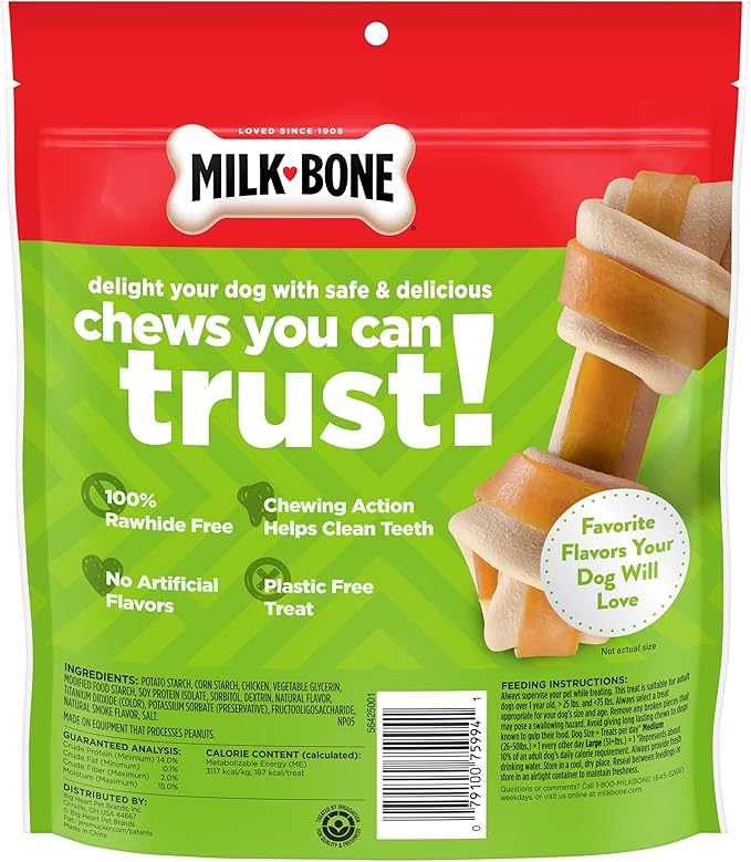 Milk-Bone Chews GnawBones Rawhide Free Dog Treats, Chicken, 5 Long Lasting Small/Medium Knotted Bones