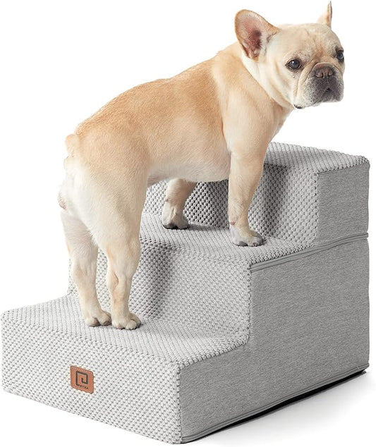 EHEYCIGA Dog Stairs for Small Dogs 13.5" H, 3-Step Dog Steps for Couch Sofa and Chair, Pet Steps for Small Dogs and Cats, Non-Slip Balanced Dog Indoor Ramp, Light Grey