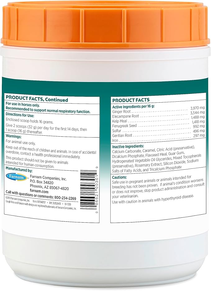 Farnam Cough Free Horse Cough Supplement Pellets, Provides Respiratory Support for Horses with Seasonal Allergies or Stable Cough, 2.5 pounds, 70 Day Supply