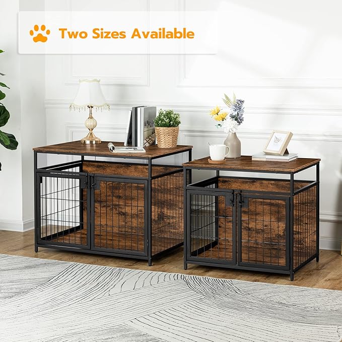 HOOBRO Dog Crate Furniture, 31.5 Inches Wooden Dog Crate, Dog Kennels Indoor with 3 Doors, Decorative Pet House End Table, for Small/Medium Dog, Chew-Resistant, Rustic Brown and Black BF83GW03