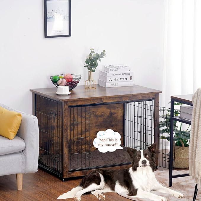 DWANTON Dog Crate Furniture with Cushion, Wooden Dog Crate Table, Double Doors Dog Furniture, Indoor Dog Kennel, Dog House, Dog Cage Large, 38.5" L, Rustic Brown