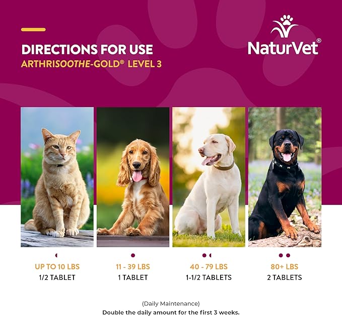 NaturVet Clinically Tested ArthriSoothe-Gold Level 3 Advanced Joint Care for Dogs and Cats, 240 ct Time Release, ChewableTablets, Made in USA