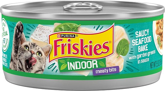 Purina Friskies Indoor Wet Cat Food, Indoor Meaty Bits Saucy Seafood Bake in Sauce - (Pack of 24) 5.5 oz. Cans