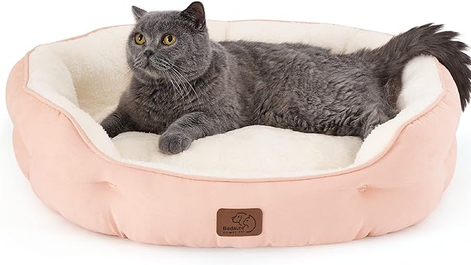 Bedsure Dog Beds for Small Dogs - Round Cat Beds for Indoor Cats, Washable Pet Bed for Puppy and Kitten with Slip-Resistant Bottom, 25 Inches, Peach Pink