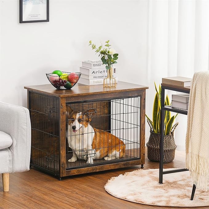 DWANTON Dog Crate Furniture with Cushion, Wooden Dog Crate Table, Double Doors Dog Furniture, Indoor Dog Kennel, Dog House, Dog Cage Medium, 32.5" L, Rustic Brown