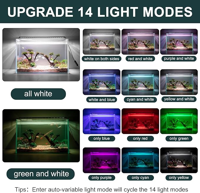 AQQA Aquarium Light with 14 Fish Tank Light Modes Adjustable Brightness Timer 15W LED Aquarium Light for Plants， Aluminum Alloy Shell Extendable Brackets Fit for 12-20 Inch Fish Tank