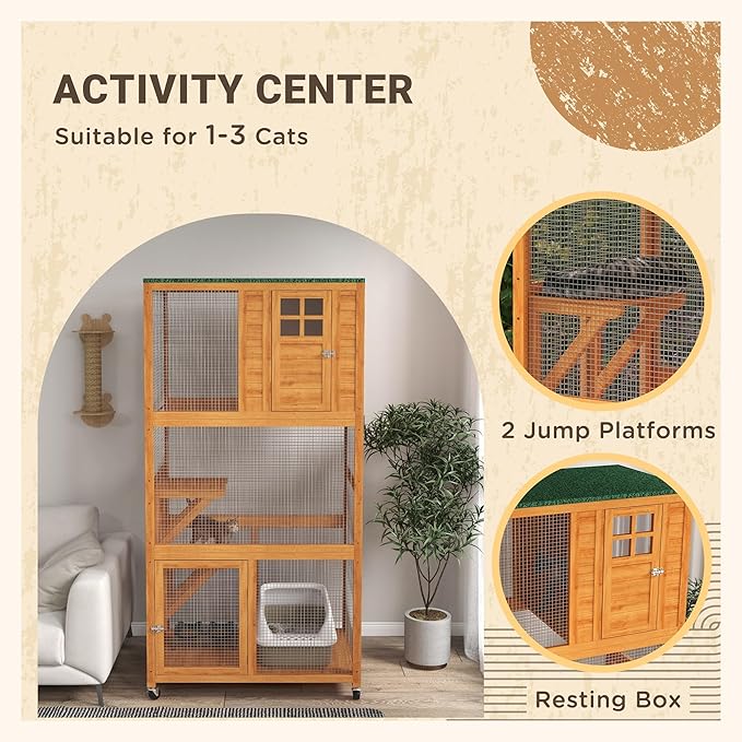 74 Inch Wooden Catio Outdoor Cat Enclosure on Wheels, Luxury Kitty-House with Resting House, 2 Jumping Platforms & Weatherproof Asphalt Roof, Kitty Condo Cage Shelter Playpen