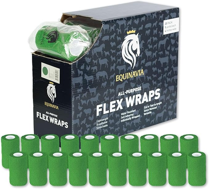 Equinavia 20 Pack Self Adhesive 4 Inch Vet Wraps with Easy-Dispenser Case | Bandages for Horses, Pets, Sports, Tattoo - Black - 20 x 5 yd - Neon Green - 20 x 5 yd