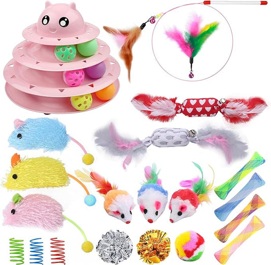 UPSKY 24 PCS Cat Toys, 3-Level Turntable Kitten Toys Set, Interactive Cat Roller Toys for Indoor Cats, Catnip Toys, Cat Teaser Toys, Mice Toys, Spring Toys, Various Ball Toys for Kitty.