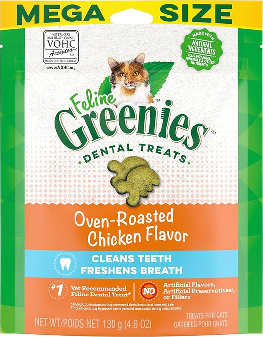 Greenies Feline Adult Natural Dental Care Cat Treats, Oven Roasted Chicken Flavor, 4.6 oz. Pouch