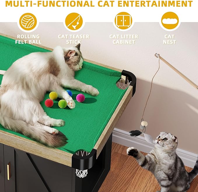 DWVO 2-in-1 Litter Box Enclosure Hidden with Cat Pool Table, Cat Litter Box Enclosure Furniture for Indoor, Wooden Cat Cabinet with Mini Pool Table Tower, 1 Feather Teaser Sticks & 6 Felt Balls, Black