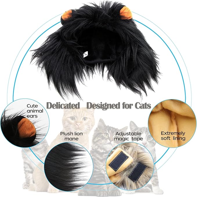 Lion Mane Wig for Cat Costume Pet Adjustable Washable Comfortable Fancy Lion Hair Cat Clothes Dress for Halloween Christmas Easter Festival Party Activity (Large, Black)