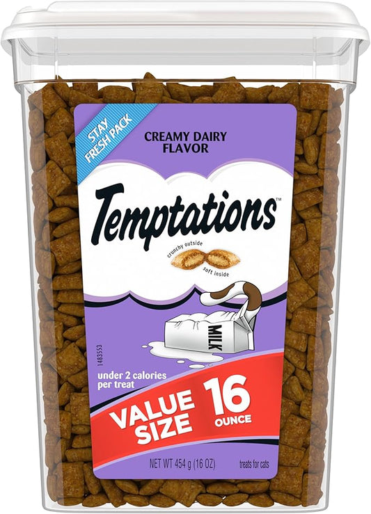 TEMPTATIONS Classic Crunchy and Soft Cat Treats Creamy Dairy Flavor, 16 oz. Tub