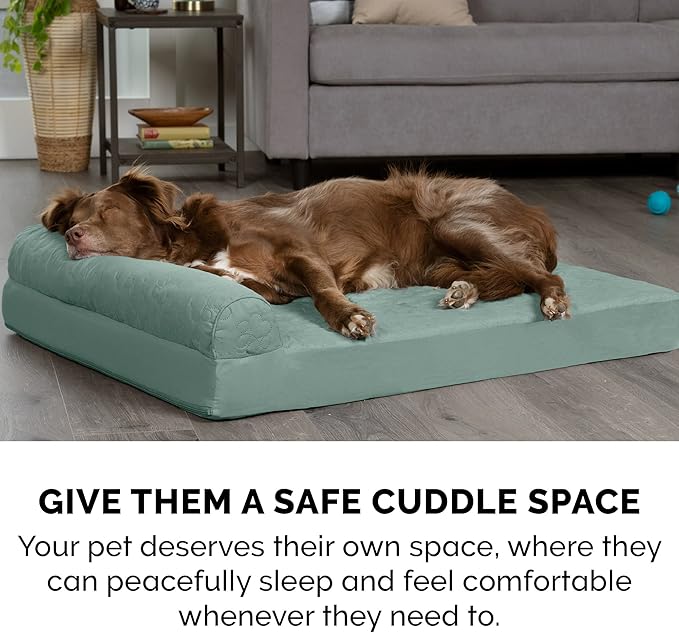 Furhaven Memory Foam Dog Bed for Large/Medium Dogs w/ Removable Bolsters & Washable Cover, For Dogs Up to 55 lbs - Pinsonic Quilted Paw L Shaped Chaise - Iceberg Green, Large