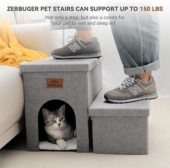 Dog Stairs, Dog Steps for High Beds 15" H, Folding Pet Stairs for Small Dogs Puppy Dog with Storage for Bed and Couch, Cat Dog Ramp Hold Up to 150 lbs (Smok Grey, 2 Steps with Condo)