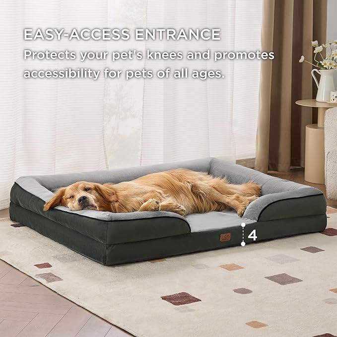 Bedsure XXL Orthopedic Dog Bed - Washable Great Dane Dog Sofa Beds for Giant Dogs, Supportive Foam Pet Couch Bed with Removable Washable Cover, Waterproof Lining and Nonskid Bottom, Dark Green