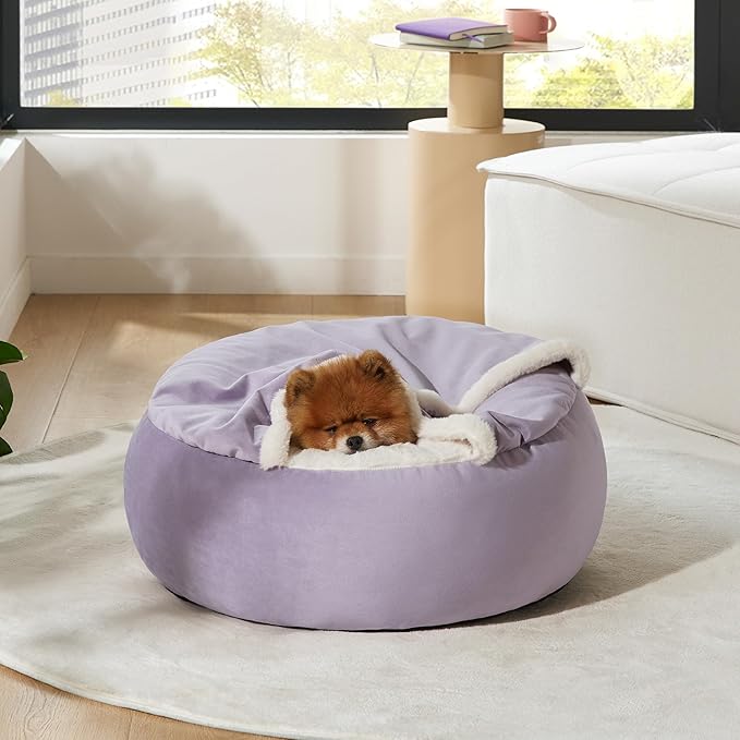 Lesure Small Dog Bed with Cover Cave - Covered Round Puppy Bed with Hooded Blanket, Machine Washable Burrow Pet Bed for Small Dogs and Cats, Cuddler Cozy Cave Dog Bed with Anti-Slip Bottom, Purple 23"