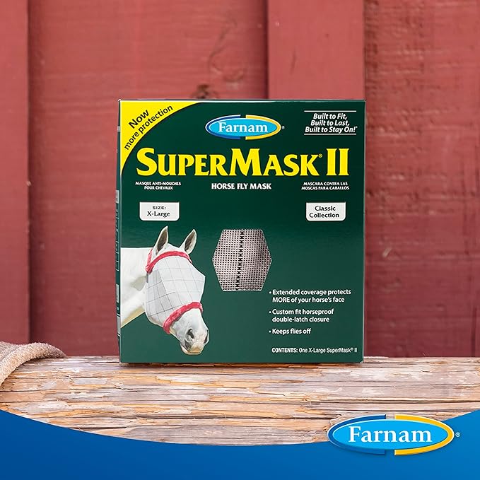Farnam SuperMask II Fly Mask Without Ears for Larger Horses, Full Face Coverage and Eye Protection from Insect Pests, Structured Classic Styling Mesh with Plush Trim, XL Size
