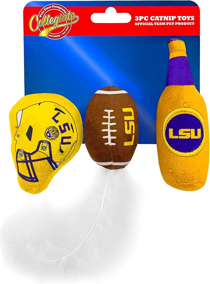 Pets First Best Plush CAT Toy - NCAA LSU Complete Set of 3 Piece Cat Toys Filled with Fresh Catnip. Includes: 1 Helmet Cat Toy, 1 Football Cat Toy with Feathers & 1 Beer Bottle. Beautiful Team Logos