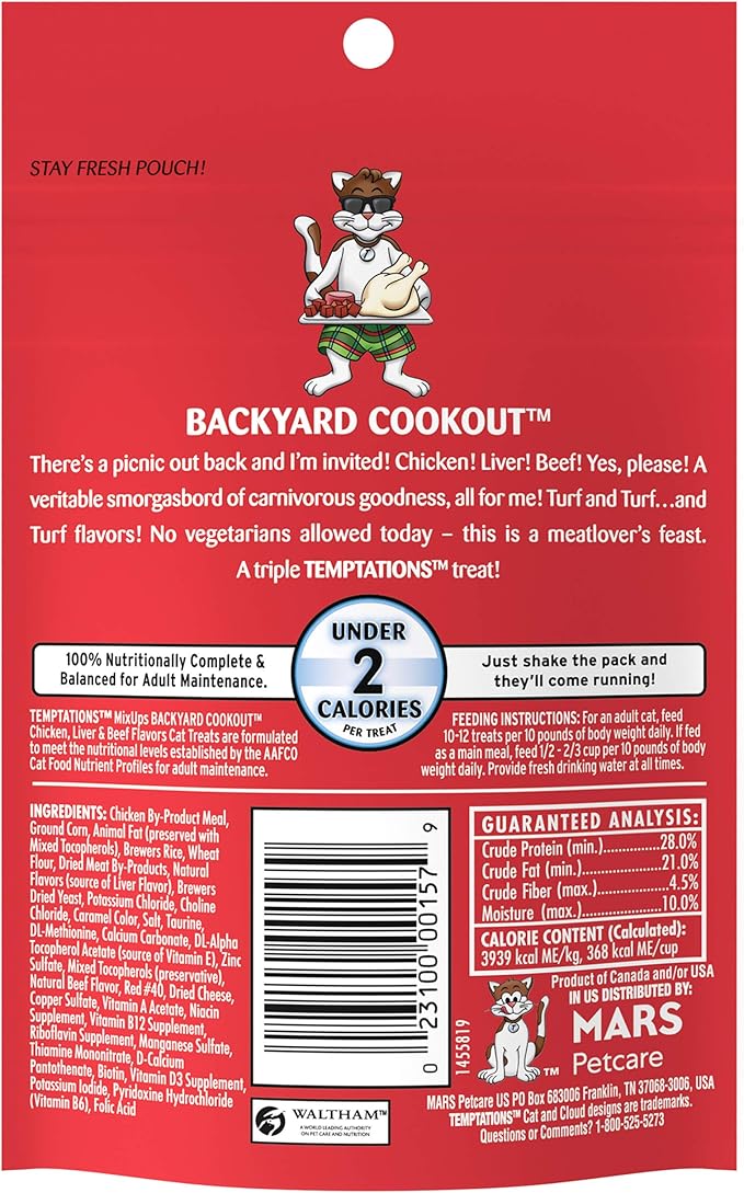 TEMPTATIONS MIXUPS Crunchy and Soft Cat Treats Backyard Cookout Flavor, (12)Count, 3 oz. Pouches (Pack of 1)