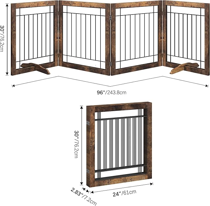 Folding No-Assembly Pet Gate 96" Wide, 30" Tall Wooden Dog Gate, Freestanding Wire Pet Gate, Pet Puppy Safety Fence, with 2PCS Support - Rustic Brown