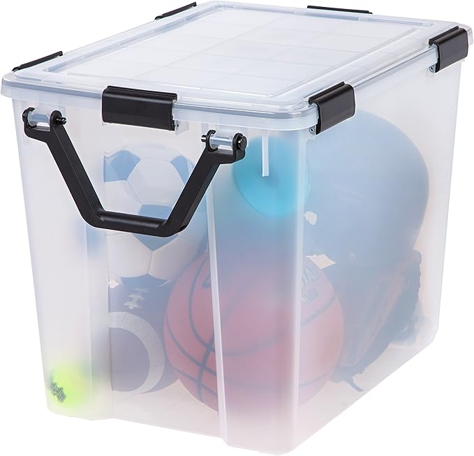 IRIS USA 103 Qt Storage Box with Gasket Seal Lid, 2 Pack - BPA-Free, Made in USA - Heavy Duty Moving Containers with Tight Latch, Weather Proof Tote Bin, WEATHERPRO - Clear/Black