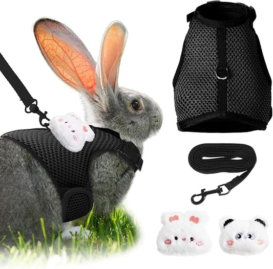 Rabbit Harness and Leash Set with 2 Cute Decorations Soft Adjustable Buckle Breathable Mesh Vest Harness for Rabbits Ferret Small Pig Puppy Walking Supplies (Black