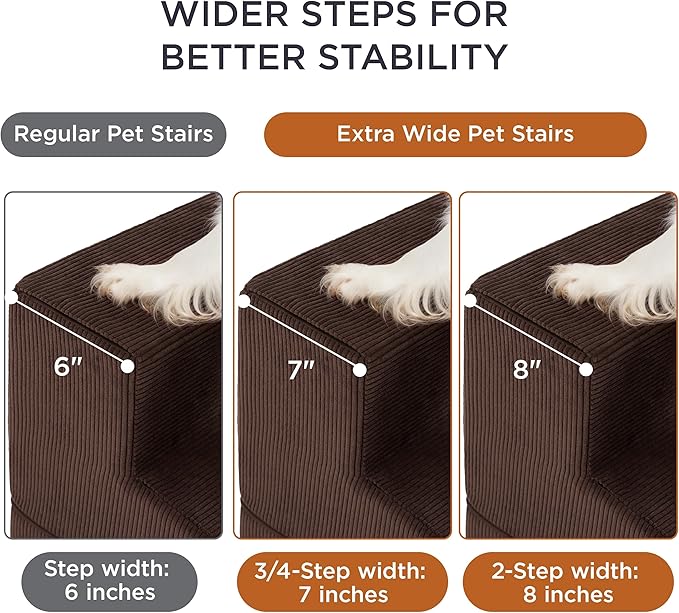 Lesure Dog Stairs for High Beds, Extra Wide Pet Stairs, 4-Steps Dog Steps for Medium/Small Dogs and Old Cats, Foldable Dog Steps with CertiPUR-US Certified Foam and Non-Slip Bottom, Brown