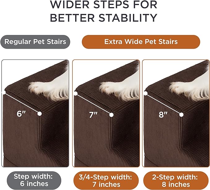 Lesure Dog Stairs for High Beds, Extra Wide Pet Stairs, 2-Steps Dog Steps for Medium/Small Dogs and Old Cats, Foldable Dog Steps with CertiPUR-US Certified Foam and Non-Slip Bottom, Brown