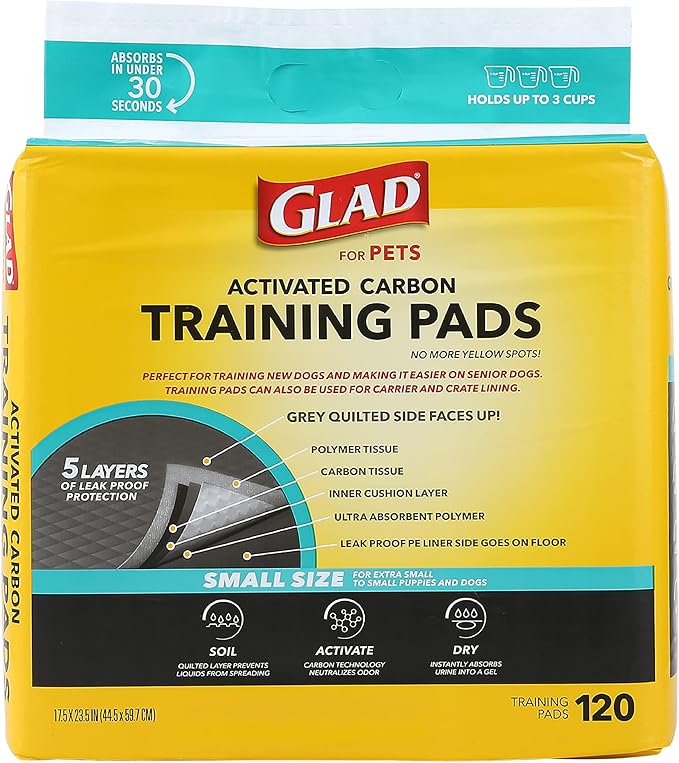 Glad for Pets Activated Charcoal Dog Training Pads, Small Size 17.5" x 23.5" - Odor Absorbing, Pee Pads for Dogs - Perfect for Training New Puppies, Grey, 120 Count