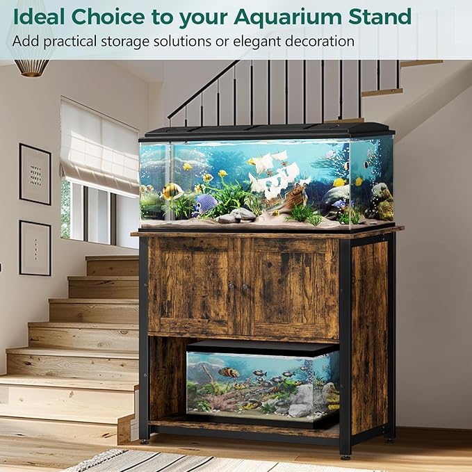 40-50 Gallon Fish Tank Stand with Cabinet, Metal Aquarium Stand for Accessories Storage, Reptile Tank Turtle Terrariums Table Bearable 1000LBS, Accommodates 2 Aquariums