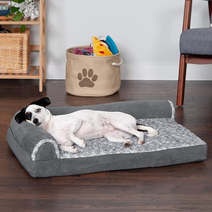 Furhaven Memory Foam Dog Bed for Medium/Small Dogs w/ Removable Bolsters & Washable Cover, Up to 35 lbs - Two-Tone Plush Faux Fur & Suede L Shaped Chaise - Stone Gray, Medium, 30.0"L x 20.0"W x 6.0"Th