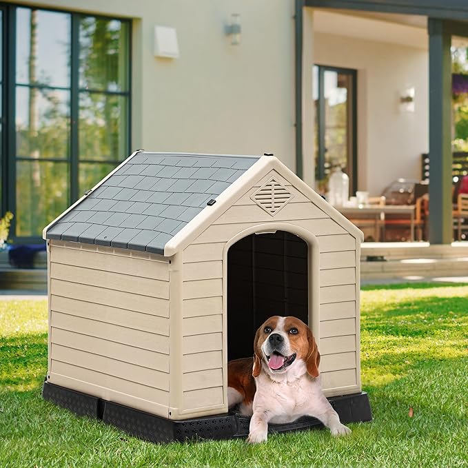 YITAHOME 34.5'' Large Plastic Dog House Outdoor Indoor Doghouse Puppy Shelter Water Resistant Easy Assembly Sturdy Dog Kennel with Air Vents and Elevated Floor (34.5''L*31''W*32''H, Gray+Brown)