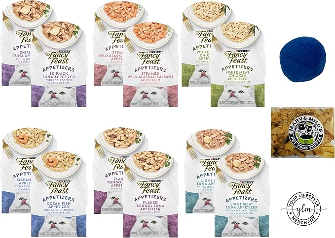 Fancy Feast Appetizers for Cats Variety Pack/2 of each-12 Total/Chicken, Tuna, Salmon, Ocean Fish/Bundle includes-100% Bonito Fish Flakes Topper & Catnip Ball Toy