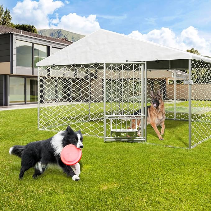 10x10 Dog Kennel Outdoor, Large Outdoor Dog Kennel with Roof, Dog Kennel Outside with Rotating Feeder Bowls, Covered Dog Outdoor Kennel for Large Medium Small Dogs