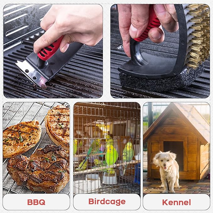 Bonaweite Bird Cage Cleaner, Stainless Steel Triangle Brush Set, Multi-Function Copper Bristle, Lightweight & Durable, Includes Cleaning Brush, Red