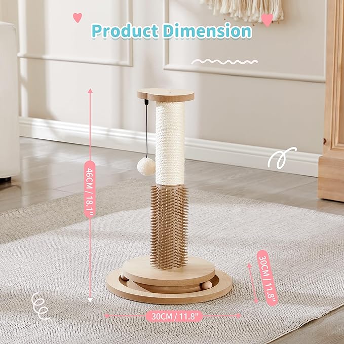 Made4Pets Cat Scratching Post 18" Tall for Small Kittens, 4-in-1 Cat Scratcher with Natural Sisal Ropes, Wooden Turntable Track Toy with Self Grooming Brush, Premium Scratch Pole with Plush Balls