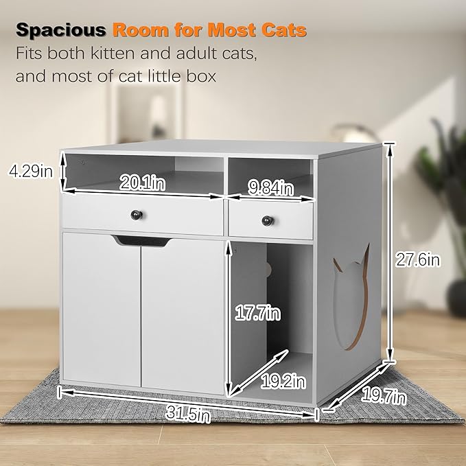 DOUSY- Wooden Cat Litter Box Enclosure, Hidden Litter Box Furniture Enclosed Cat Washroom Storage Cabinet with Storage Drawers, Open Compartments, Air Vents, for Living Room, Bedroom, Grey