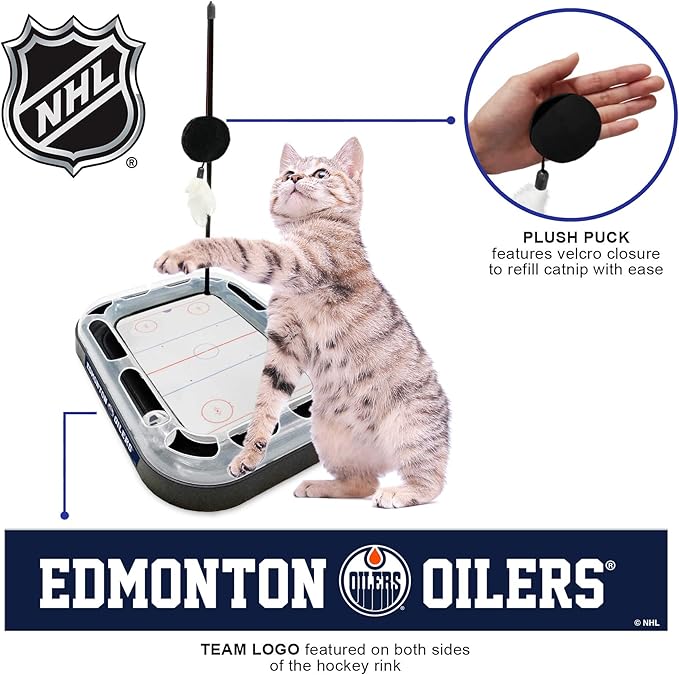 Pets FIrst Cat Scratching Toy NHL Edmonton Oilers Hockey Field Cat Scratcher Tiy with Interactive Cat Ball Bell in Tracks. 5-in-1 CAT Toy