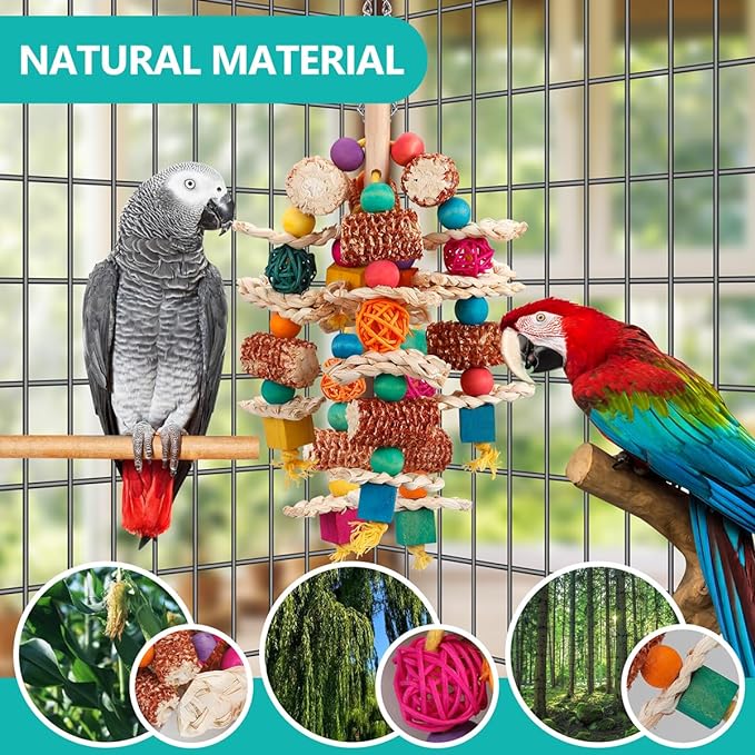 lovyoCoCo Parrot Toys Bird Toys Natural Corn Cob Bird chew Toys for Small and Medium-Sized Macaws,African Grey,Cockatoos,Amazon Parrots,Parakeet,Cockatiel,Sun Conure, Lovebird with Wooden Blocks