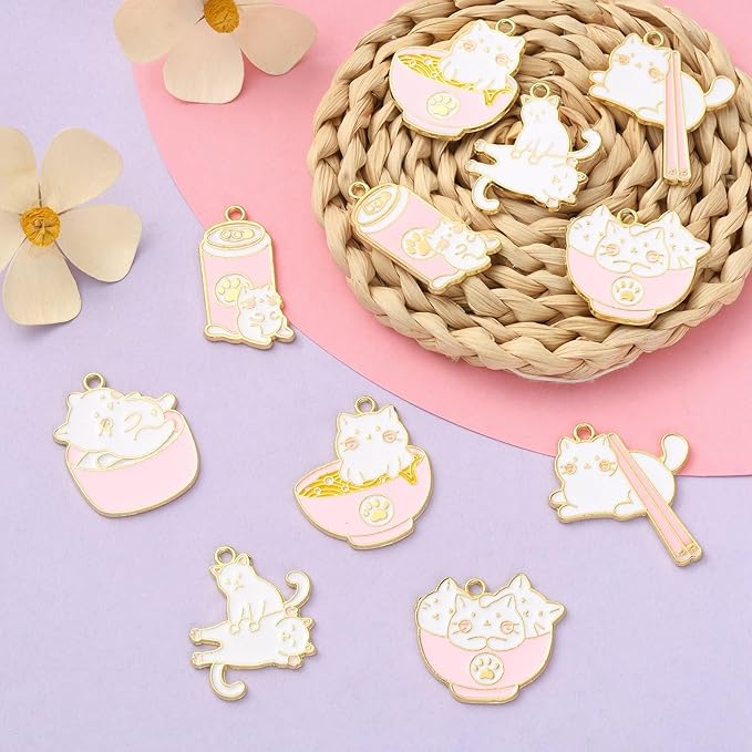 KitBeads 12pcs 6 Styles Cat Charms Enamel Pet Food Charms Drink Noodle Chopsticks Cute Animal Pink Kitten Charms for Jewelry Making Bulk