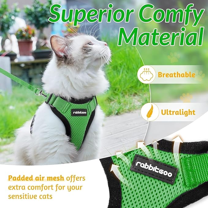 rabbitgoo Cat Harness and Leash for Walking, Escape Proof Soft Adjustable Vest Harnesses for Cats, Easy Control Breathable Reflective Strips Jacket, Grass Green, XXS